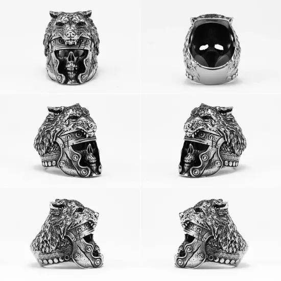 Gladiator Wolf warrior Skull Spartan Helmet Silver Punk Mens Viking Biker Ring