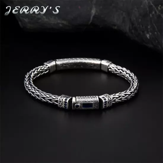 5.5MM Real 925 Sterling Silver Foxtail Chain Bracelet Mens Vintage CZ Jewelry