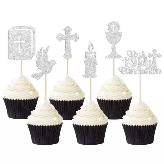 Gyufise 24Pcs First Holy Communion Cupcake Toppers Glitter Dove Cross God Ble...