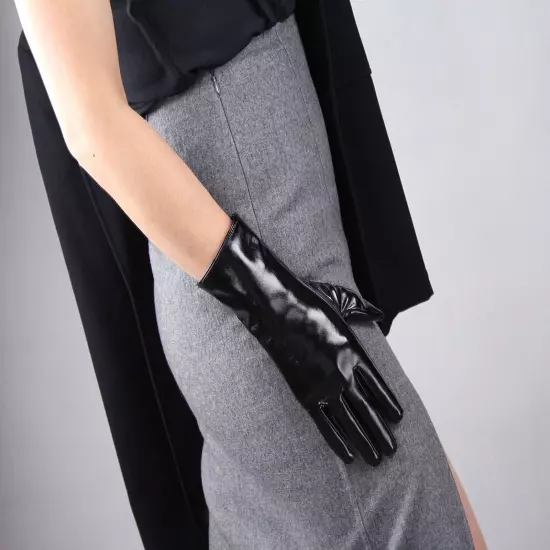 LATEX GLOVES Shine Leather Faux Patent Vegan PU 8" 21cm Short Basic Shine Black