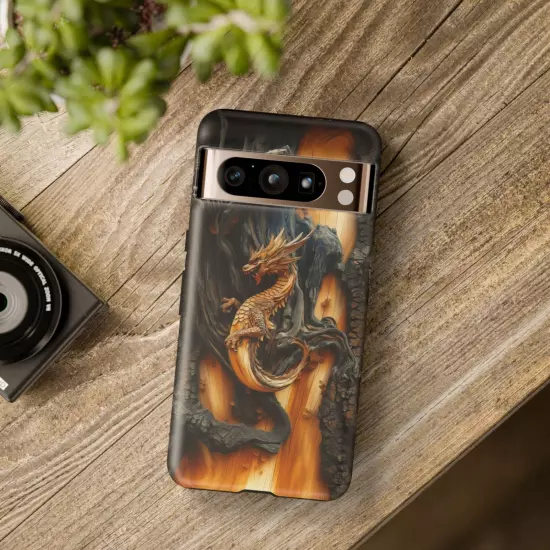 For iPhone, Samsung Galaxy, Pixel - Phone Case Cover - Carved Wood Dragon Print