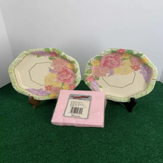 Vintage Paper Art Floral Plates-16 Total With Classic Pink Napkins-16(3ply)USA