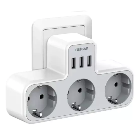 USB Plug Adapter, 6 in 1 Sockets Tee with 3 Sockets, 2 USB-A & 1 Type C Port