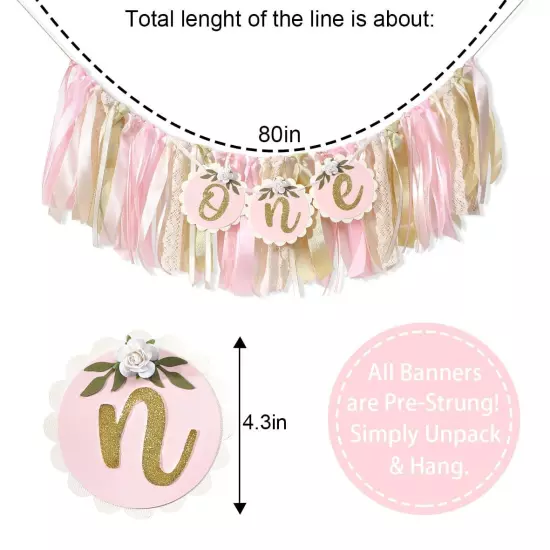 Pink Golden Floral High Chair Banner - Rose 1st Birthday Highchair Banner Gir...