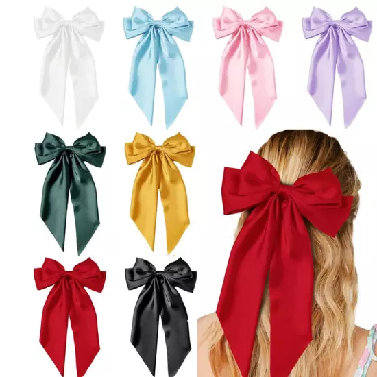 Women Big Bow Hair Clip Satin Ribbon Hairpin Two-layer Bow Long Ribbon Barrette⊱