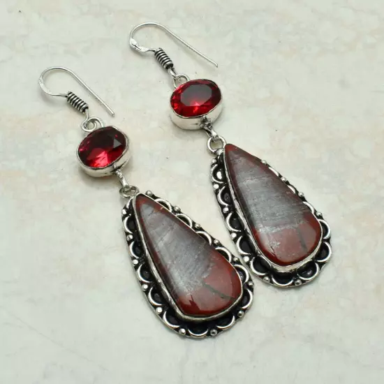 Red Rainbow Jasper Garnet Handmade Drop Dangle Earrings Jewelry 2.48" AE-52814