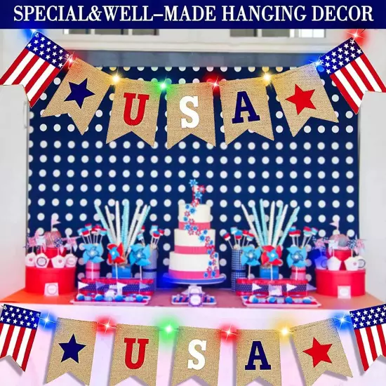 2 Pack American Flag Burlap Banners with Lights, 4th of July Decorations USA ...