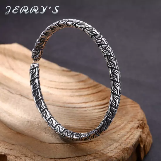 7MM Mens Vintage Real 925 Sterling Carved Bracelet Bangle Open Size 58MM in Dia