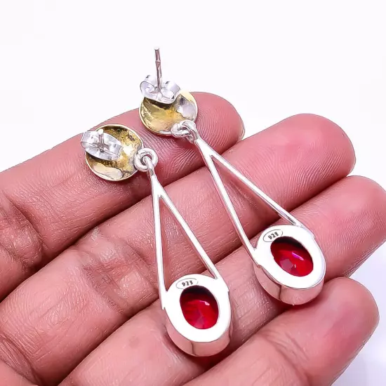 Red Garnet 925 Sterling Silver Two Tone Earring 1.95" E_9287_191_2