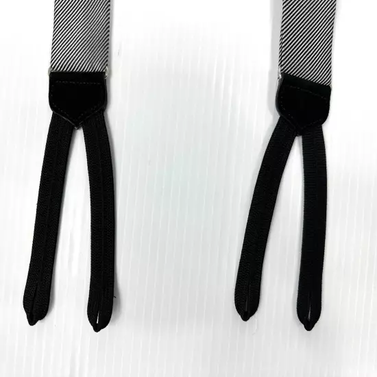 TRAFALGAR Suspenders Men’s Silk Black White Stripe Leather Button Ears