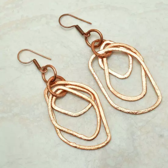 Vintage Handmade Drop Dangle Pure Copper Earrings Jewelry 3.2" AE-52288