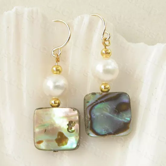 natural 12X12mm Dangle Multi-color Abalone shell white pearls Earrings 14K hook