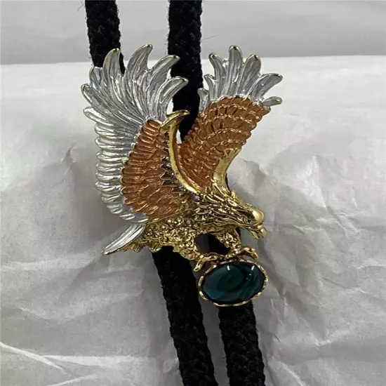 Cowboy Bolo Tie Necklace Silver Copper Gold Tone Eagle with Green Gem in Talons