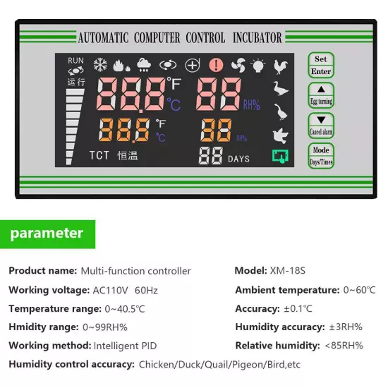 110V Automatic Egg Incubator Controller Thermostat Temperature Humidity Sensor