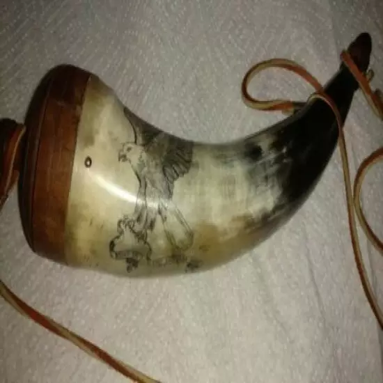  Scrimshaw BLACK Powder Horn American Eagle " The Right To Keep & Bear Arms "