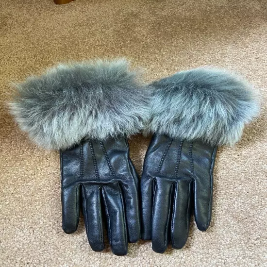 Ugg Black Leather Valentina Fur Cuff Gloves NEW SZ M