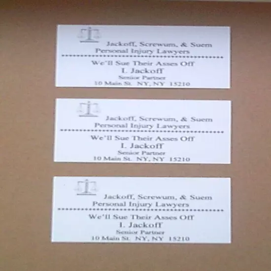 (15 Pack) Funny Joke Business Cards, Jackoff, Screwum, & Suem, Injury Lawyers