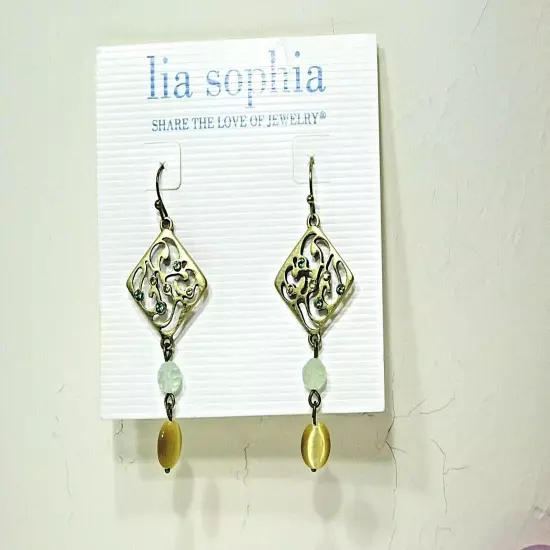 Beautiful Lia Sophia "ATRIUM" Dangle Earrings, Glass Cat's Eye, NWT