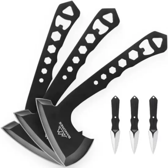 BANORES Hawkeye Throwing Axes (3) Throwing Knives (3) Set with 10 inch Full Tang