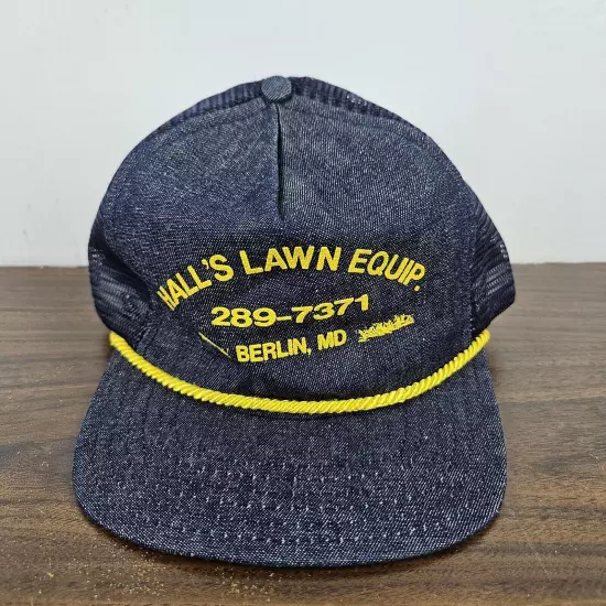 Vintage Blue Snap Back Rope Trucker Hat Halls Lawn Equip Berlin MD USA