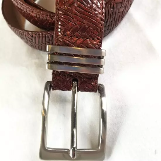 WCM Women's Large New York Brown Italian Leather Belt Brushed Silver Buckle