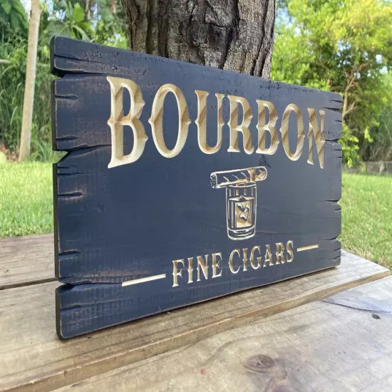 Cigar Bar Whiskey Bar Bourbon Saloon Wood Sign Carved Rustic Tavern Antique Look