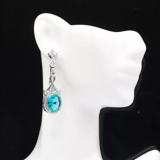 Beautiful Rich Blue Aquamarine White CZ Woman's Present Silver Earrings