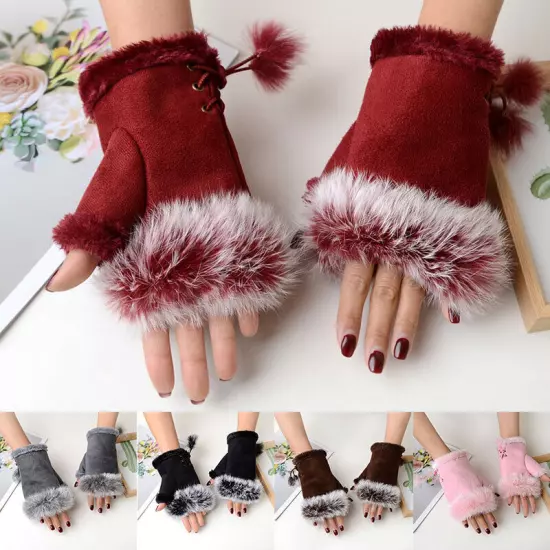 Womens Winter Warmer Fingerless Gloves Faux Rabbit Fur Suede Wrist Solid Mittenღ