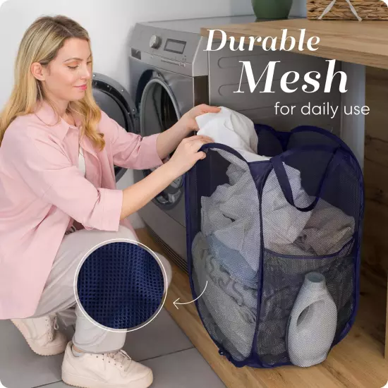 Navy Blue Collapsible Mesh Laundry Hamper - 14" x 14" x 24"