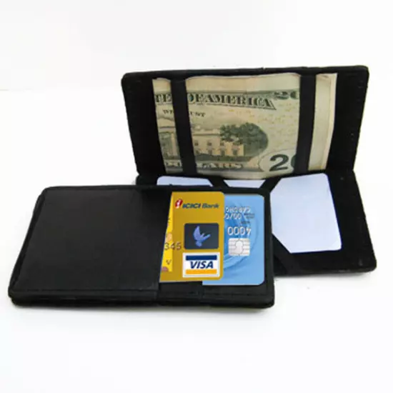 2X Black Genuine Leather Magic Wallet Ticket Credit Card Thin Holder 