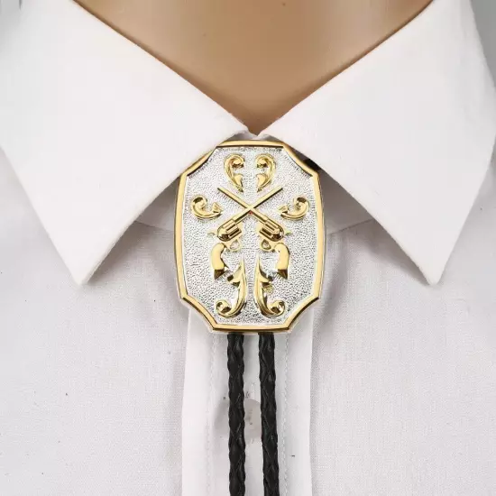 Mens BOLO Tie Two-color Double Gun Wedding Necklace Alloy PU Rope Western Cowboy