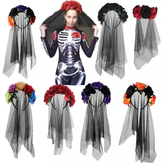 Ladies Mexican Day Of The Dead Black Veil Rose Headband Halloween Headpiece