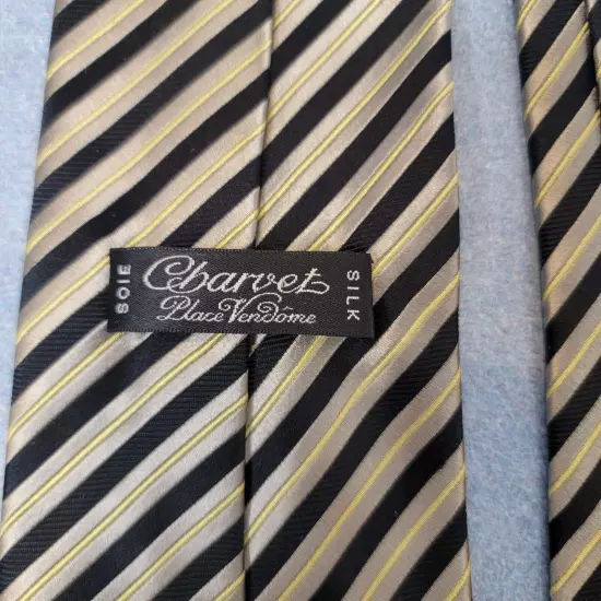 Charvet Made In France Tie Black Gold Yellow Striped Luxury Silk Designer