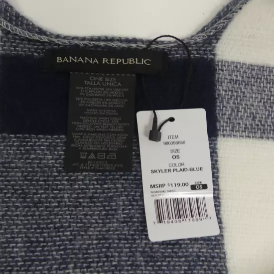 Banana Republic Cashmere Blend Wrap Shawl Skyler Plaid Blue Soft One Size All