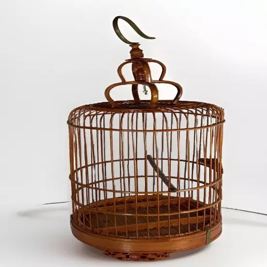 Vintage Bamboo & Teak Bird Cage 17" Curved Asian Chinoiserie Double Loop