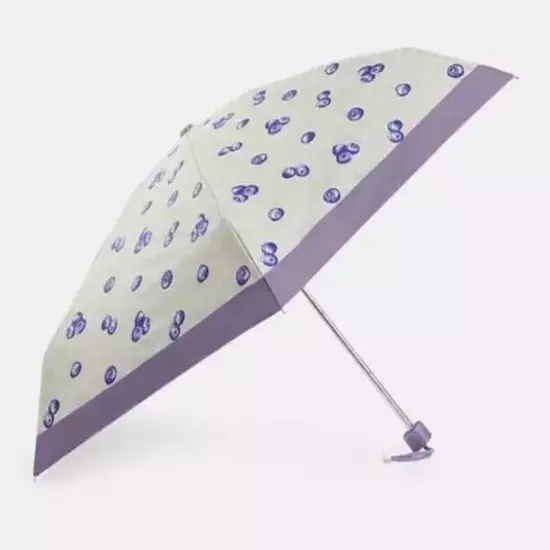 Coach Mini Umbrella with Signature Blueberry Print Light Violet Wrist Strap NWT