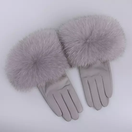 Women Genuine Lambskin Leather Gloves With Real Fox Fur Trim Cuff Winter Warm