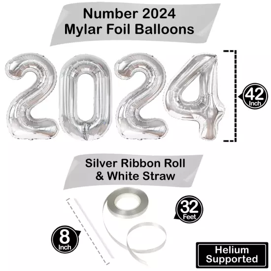 , Silver 2024 Balloons Graduation - Huge, 42 Inch | 2024 Silver Balloons | Gr...