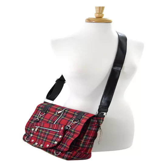 Lost Queen Red Tartan Plaid Crossbody Purse with Zippers and studs 