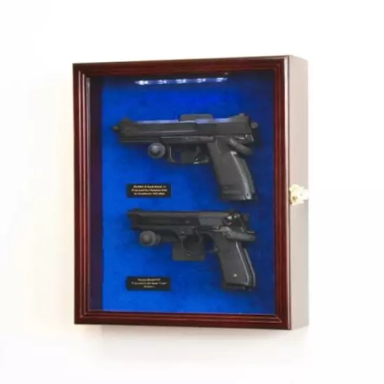 Gun Display Case 2 Guns Cherry LED Light Wood Blue Handgun Pistol Revolver Lock 