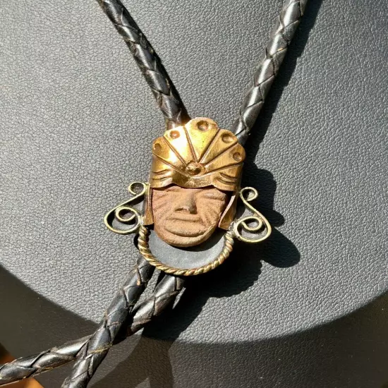 Mayan Bolo Tie Brass And Terra Cotta Head Of Mayan King Vintage Retro Fashion