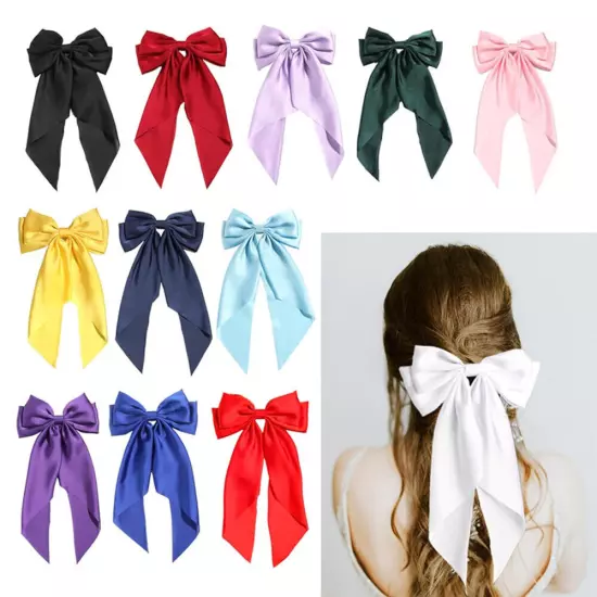 Women Big Bow Hair Clip Satin Ribbon Hairpin Two-layer Bow Long Ribbon Barrette⊱