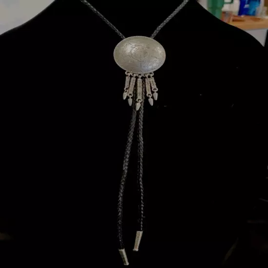 Vtg Silvertone Dream Catcher Southwest Design Bolo Tie On Braided Leather Cord