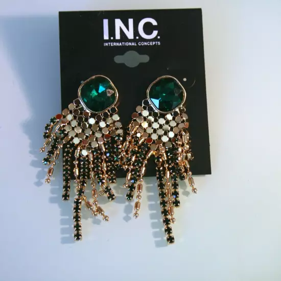 INC gold tone green & black crystal fringe stud earrings 2 1/2"