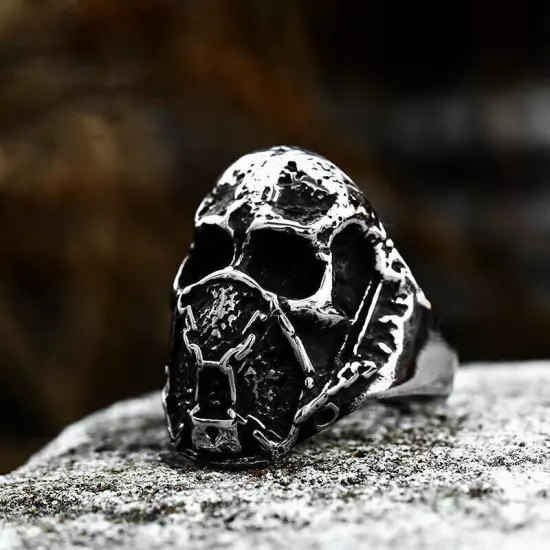 Imprison Chain Masked Skull Ring Men's Stainless Steel Retro Skull Ring Biker