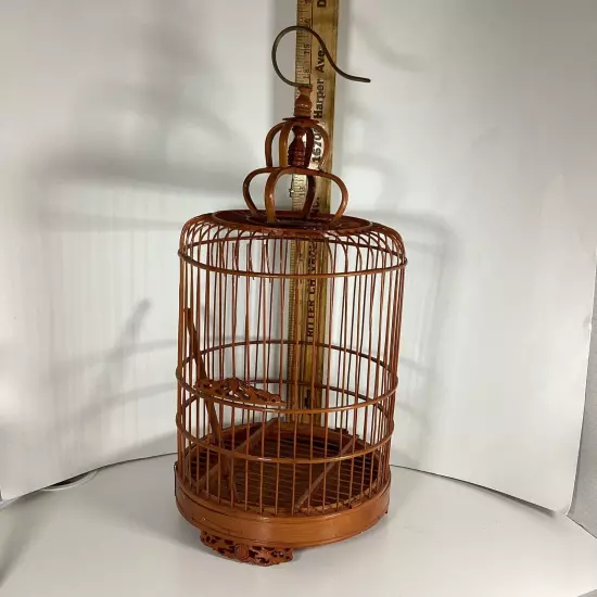 Vintage Bamboo & Teak Bird Cage 17" Curved Asian Chinoiserie Double Loop