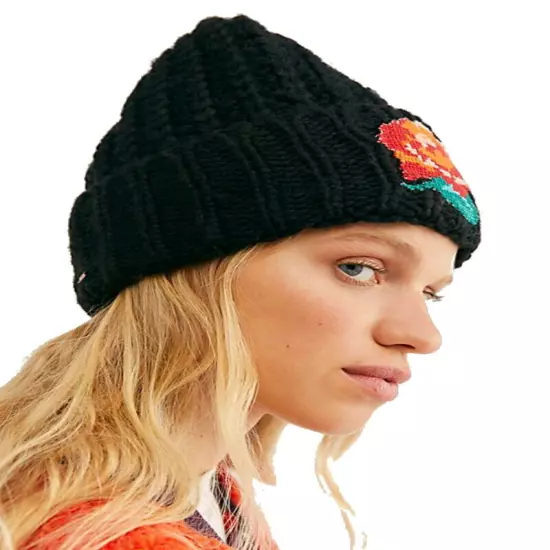 Free People Everything Rosy Wool Blend Beanie Black Feminine Floral Ribbed NWT