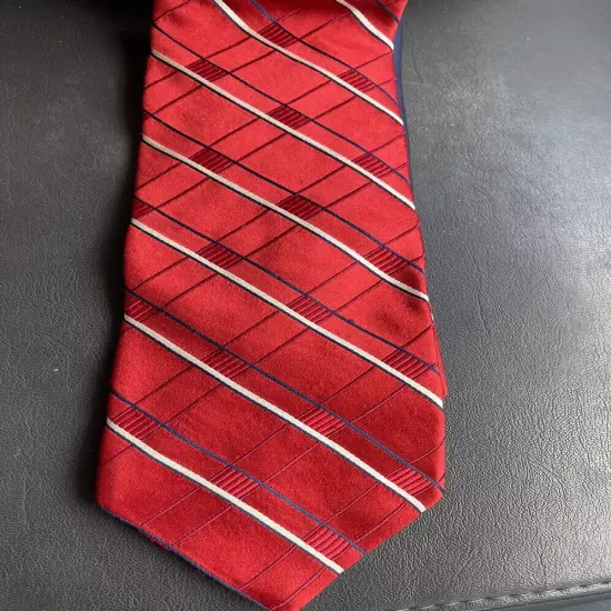 Tommy Hilfiger Mens Tie Dark Red Blue Striped 100% Silk