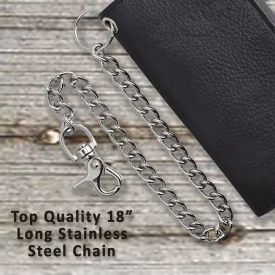 100% premium leather Trifold Cowhide RFID Chain Motorcycle Biker Wallet, Black.