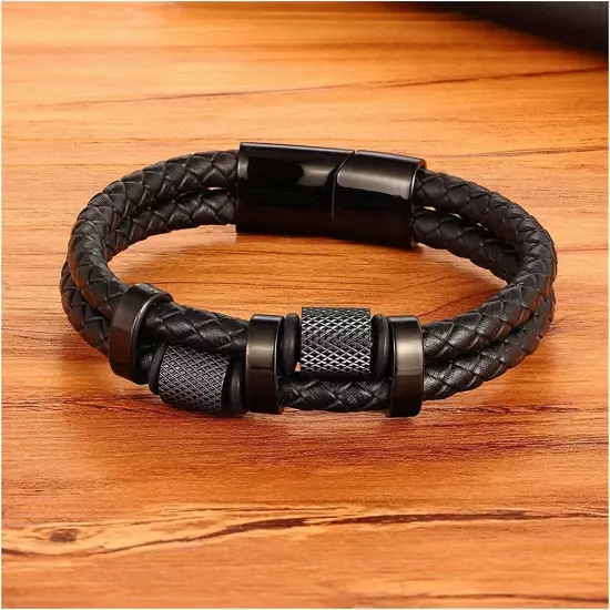 Men's Leather Braided Bracelet Celtic Bangle Titanium Steel Clasp Bracelet